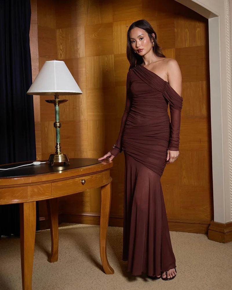 Ruched Maxi Dress with Chiffon Off-Shoulder Design - Claire