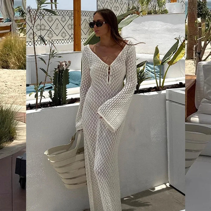 Knitted Maxi Beach Dress with Open Back and Pearl Pin Decoration - Lina
