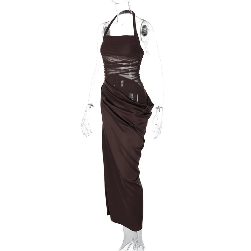 Satin Maxi Dress with Gathered Mesh Top and Open Back - Arya
