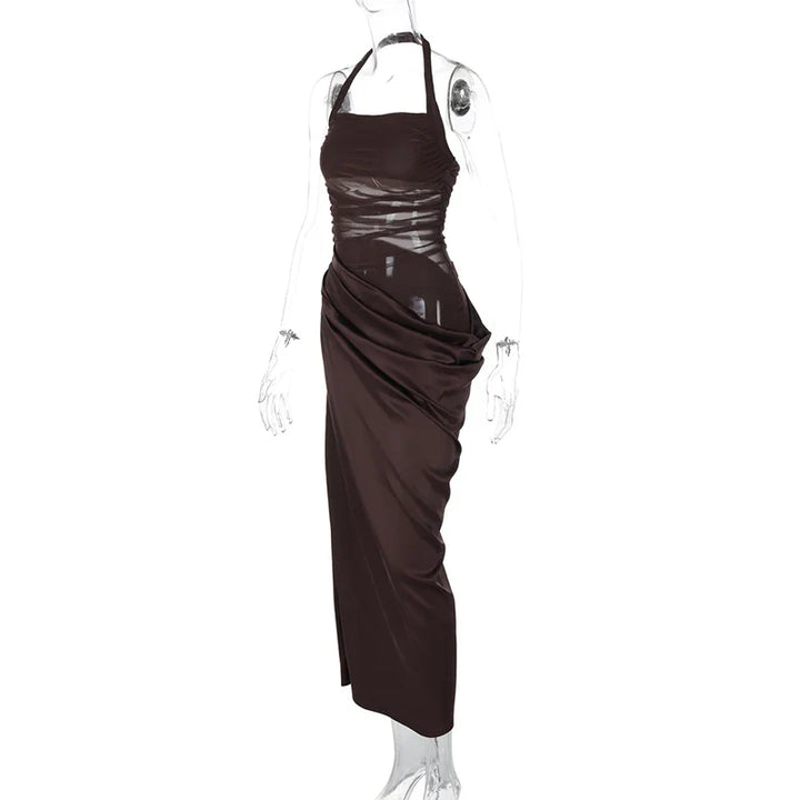 Satin Maxi Dress with Gathered Mesh Top and Open Back - Arya