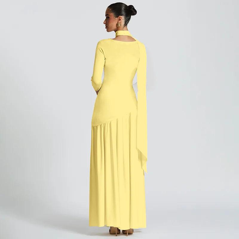 Elegant Maxi Dress with Slit and Scarf Decoration - RONA LI