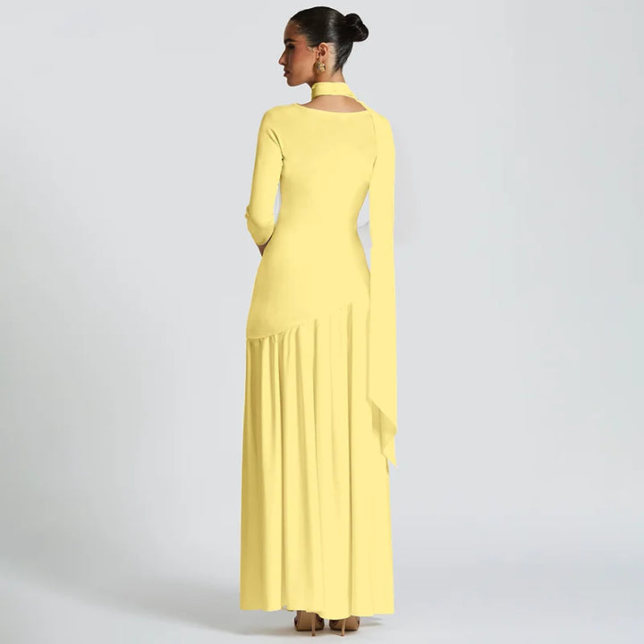 Elegant Maxi Dress with Slit and Scarf Decoration - RONA LI