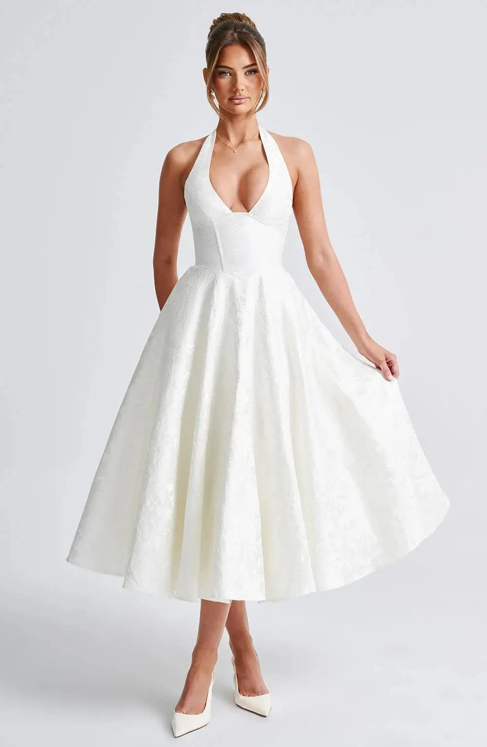 Midi A-Line Dress with Neck Tie, Open Back, Floral Embroidery Detail - Flora