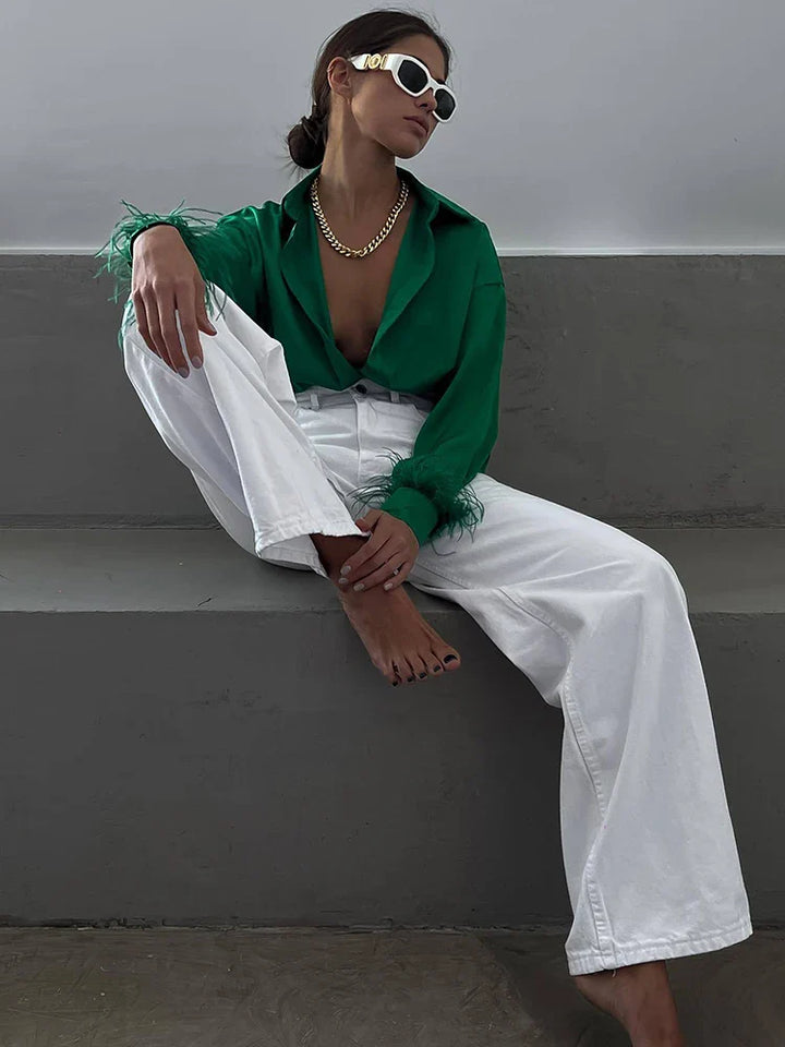 Satin Shirt with Feather Decoration - Mel