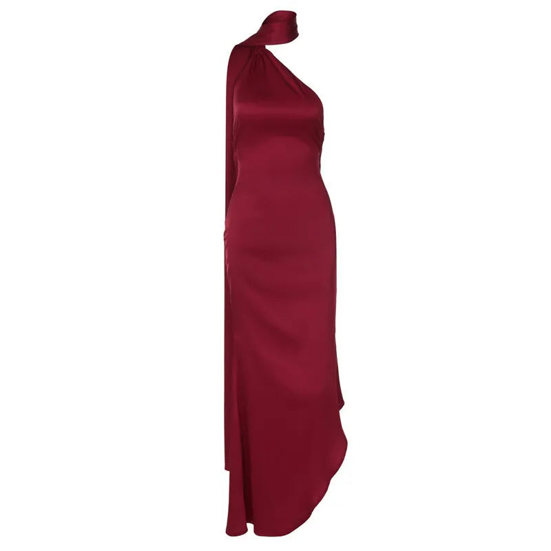 Asymmetric satin maxi dress with neck wrap design - Angela