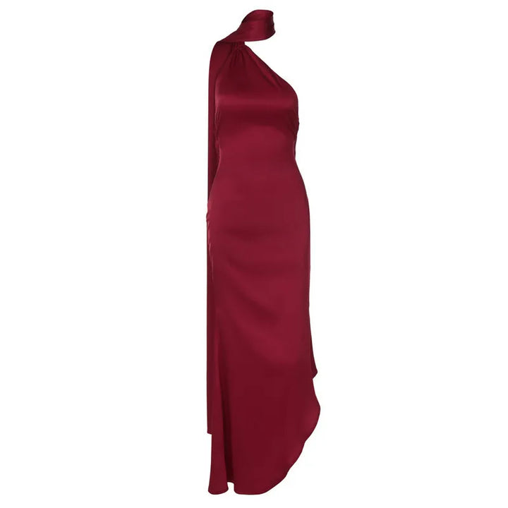 Asymmetric satin maxi dress with neck wrap design - Angela