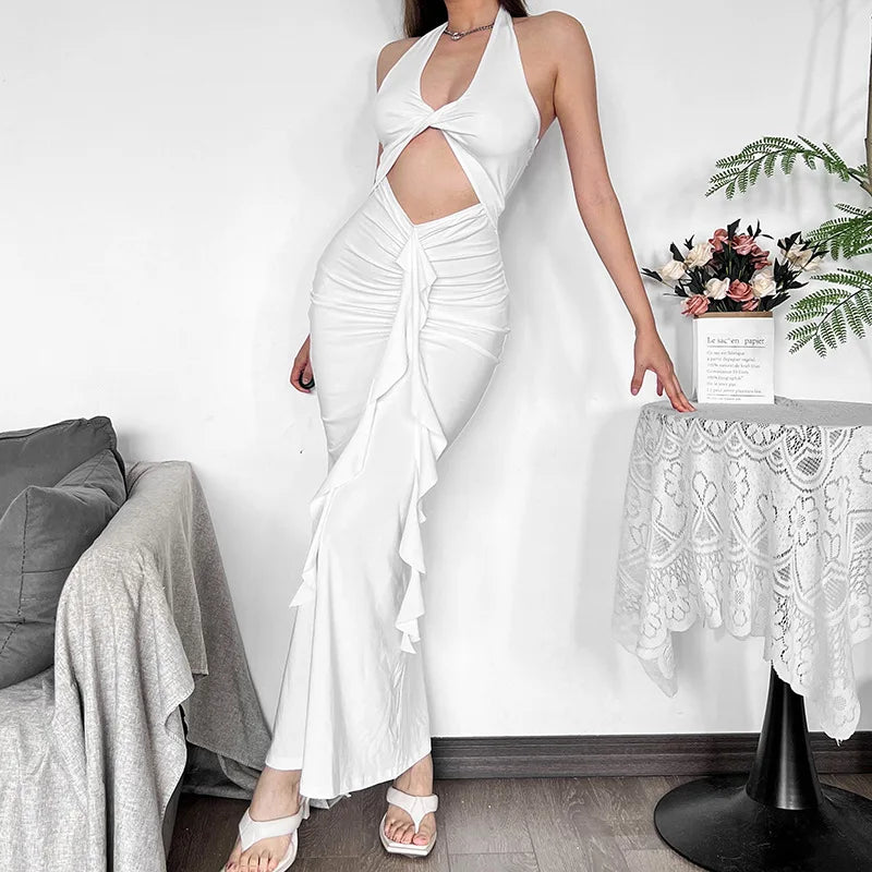Fitted Maxi Dress with Ruffle Decoration and Slit Design - Jolene