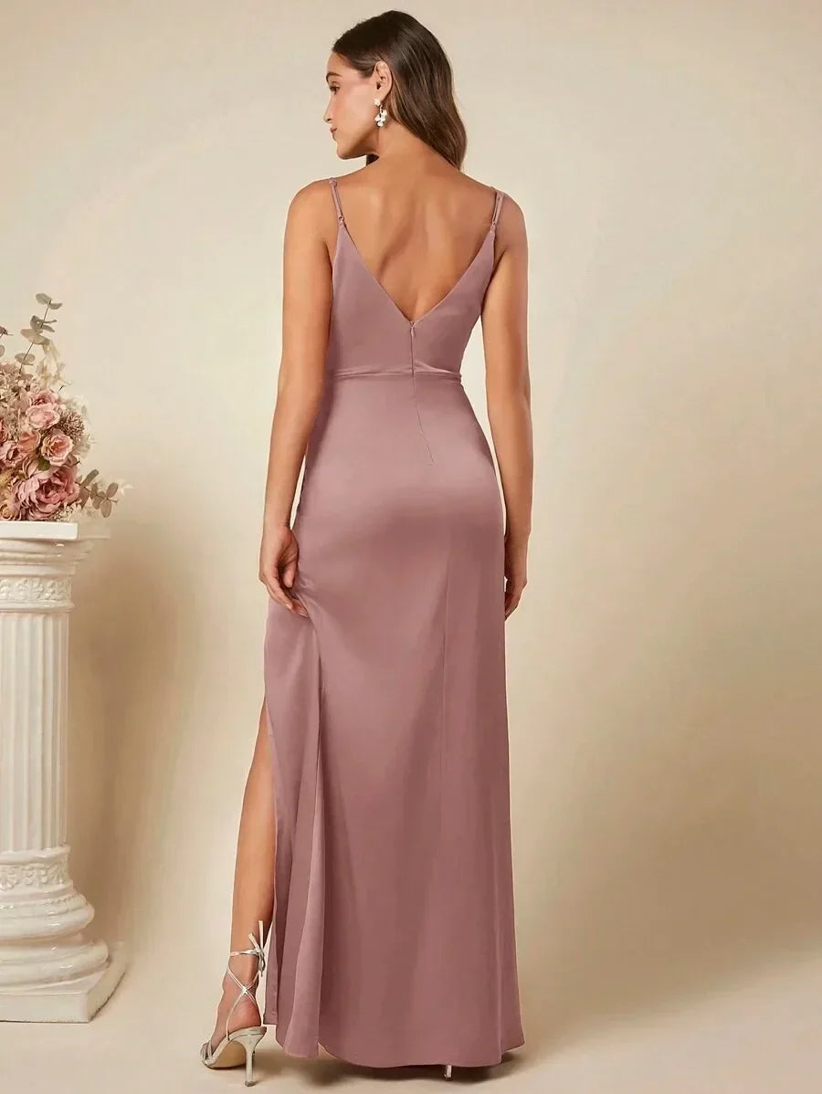 Elegant Maxi Satin Dress with Slit Detail - Reina