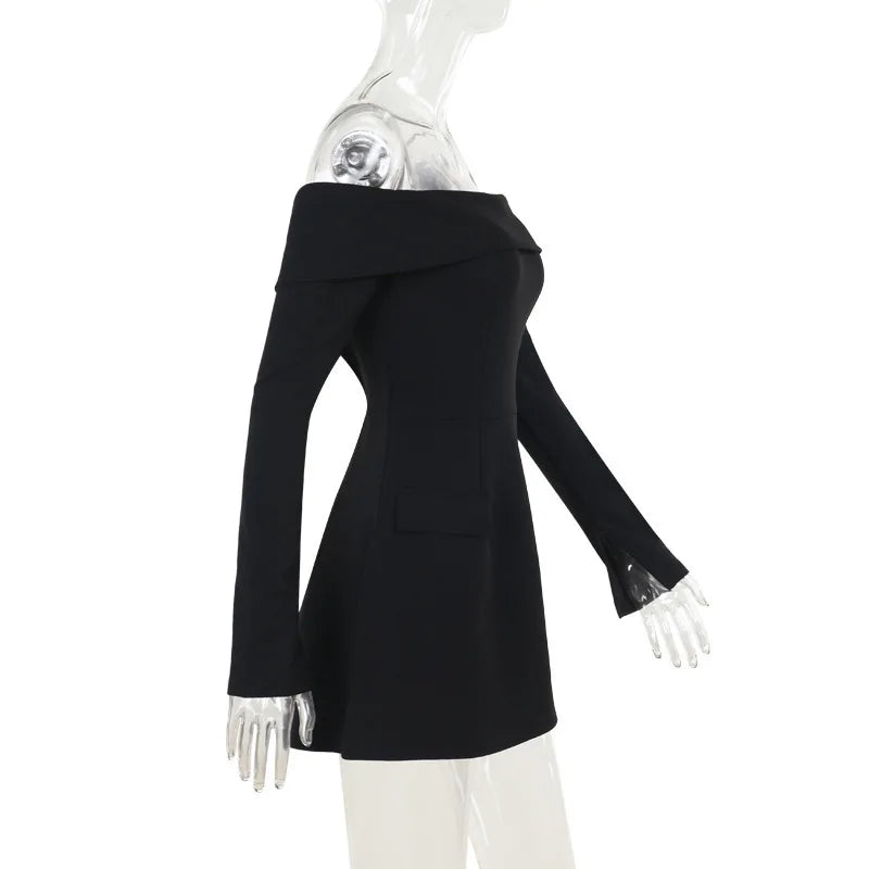 A-line off-shoulder mini dress with faux pocket design - Macy