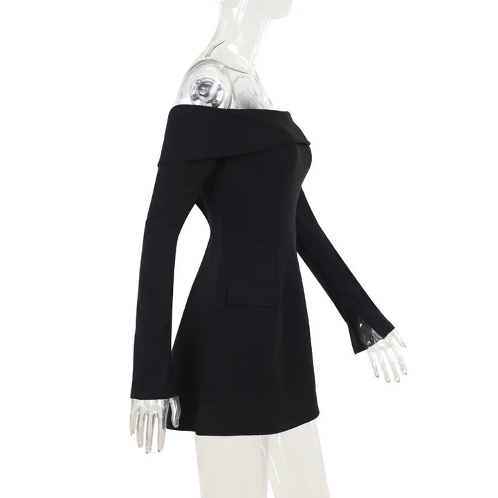 A-line off-shoulder mini dress with faux pocket design - Macy