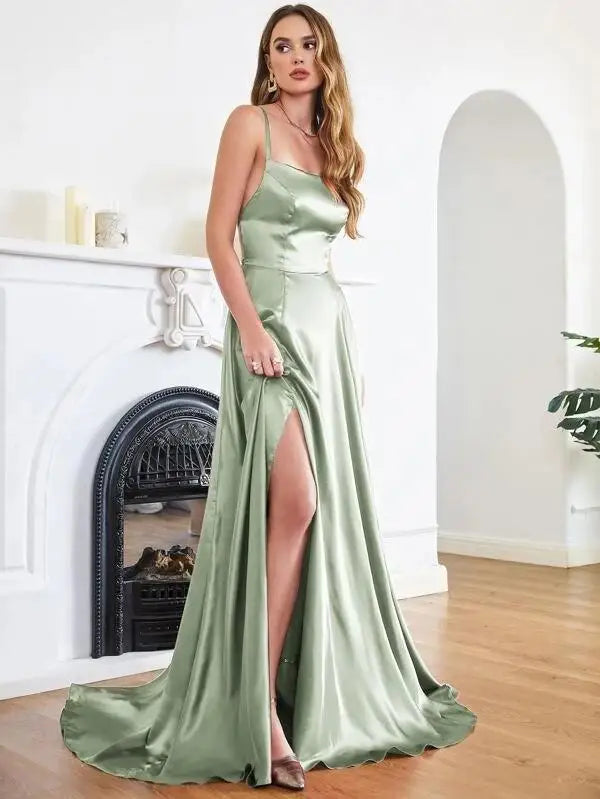 Elegant Maxi Satin Dress with Slit, A-Line Design, Back Tie - Prince