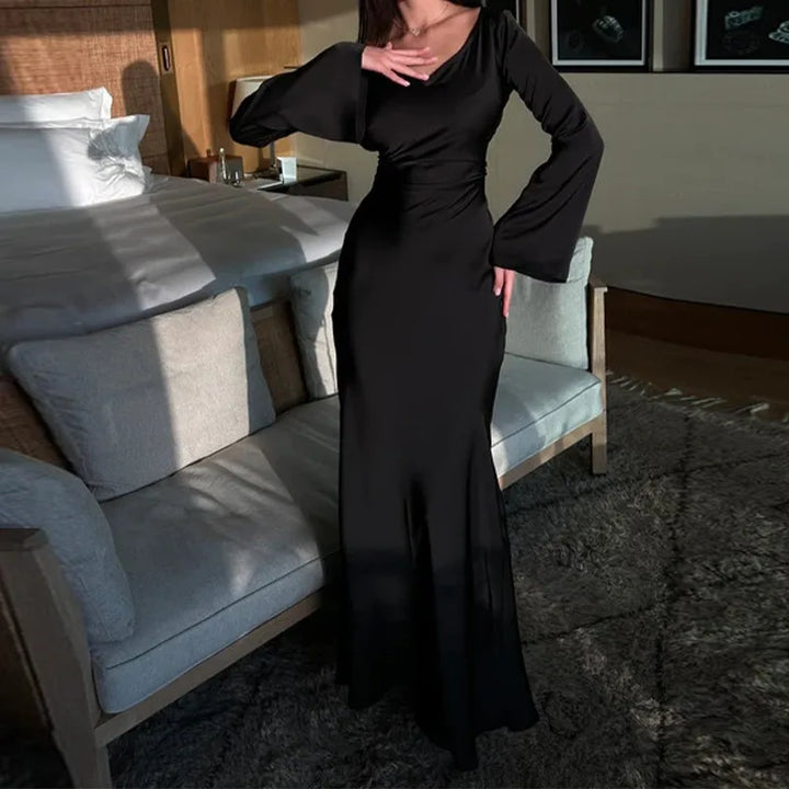 Satin maxi dress with back tie for waist fitting - Odel