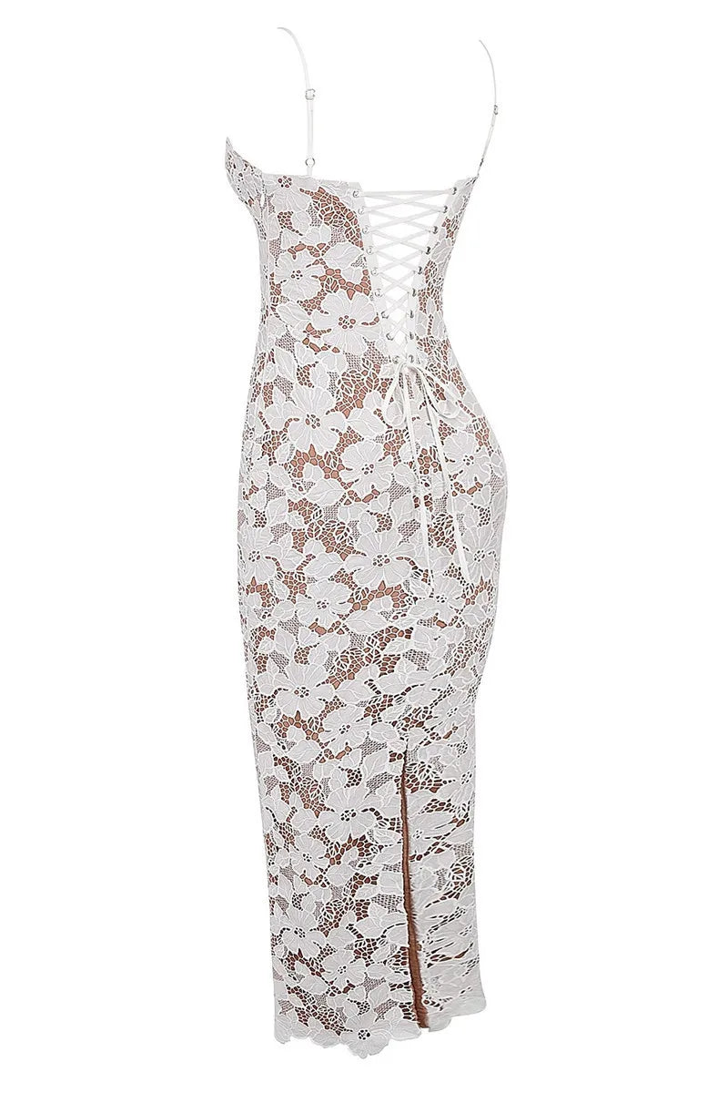 Lace Maxi Dress with Floral Embroidery and Back Ties - Veronica