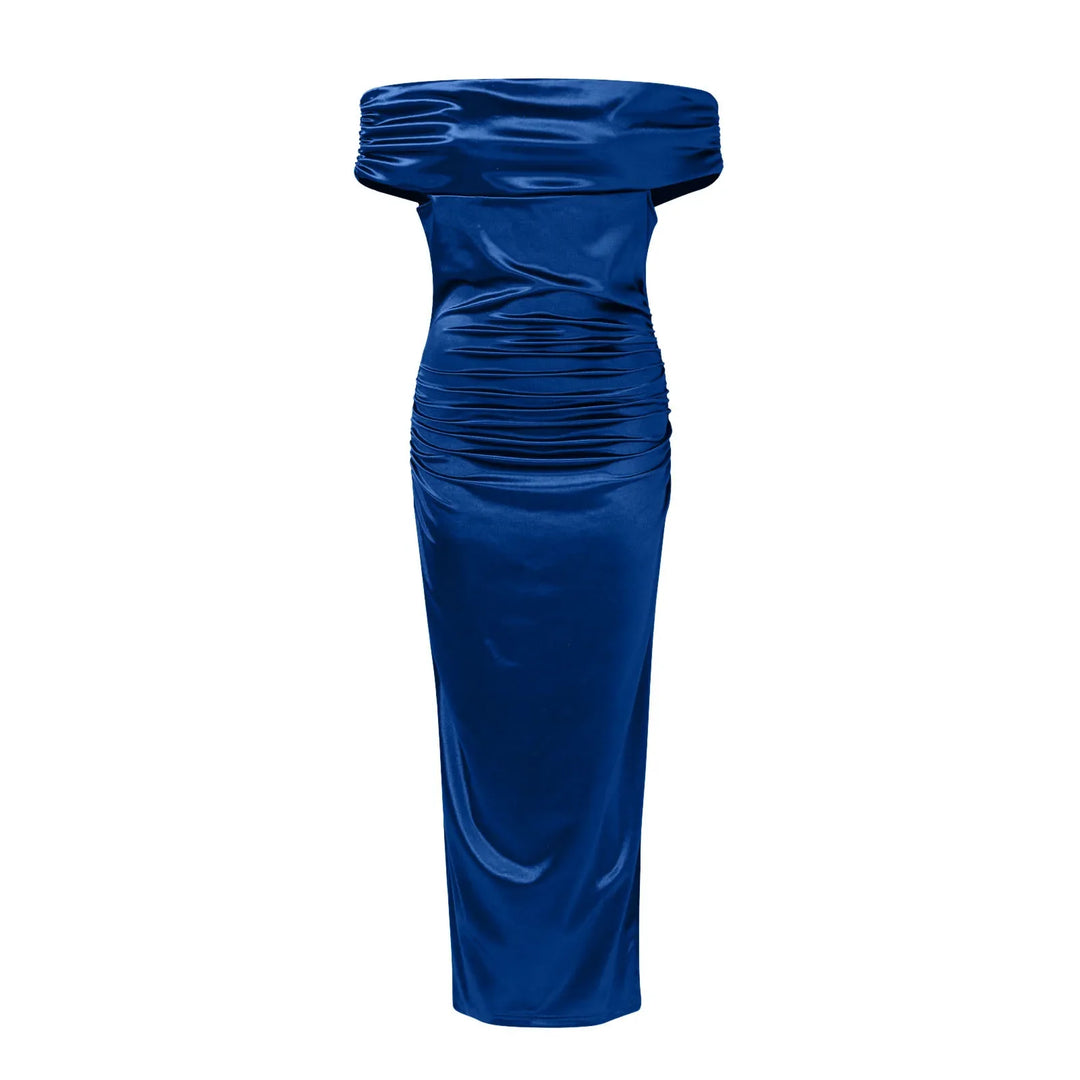 Maxi Satin Dress with Off-Shoulder Design and Slit - Harmoni