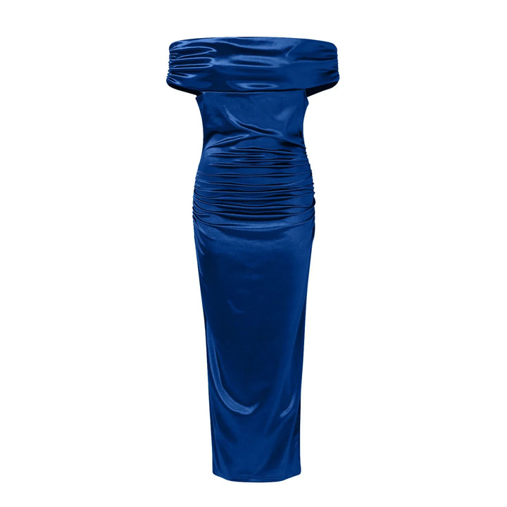 Maxi Satin Dress with Off-Shoulder Design and Slit - Harmoni