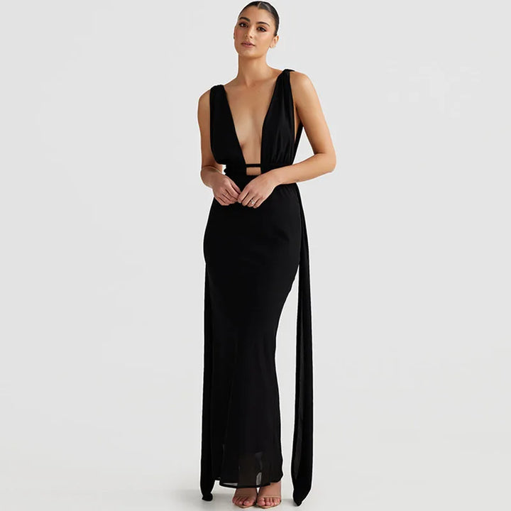 Maxi evening dress with open back and deep neckline - Adelina