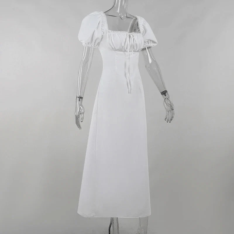 Midi Dress with Rustic Design, Puff Sleeves and Lace Decoration - Rosie