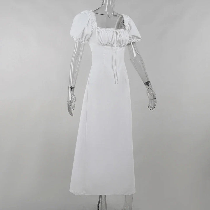 Midi Dress with Rustic Design, Puff Sleeves and Lace Decoration - Rosie