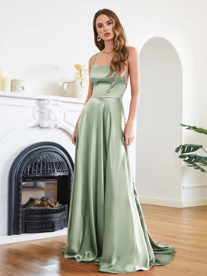Elegant Maxi Satin Dress with Slit, A-Line Design, Back Tie - Prince