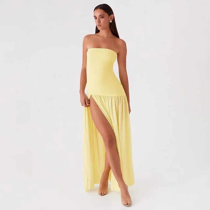 Maxi Strapless Chiffon Dress with Slit Detail - Pia
