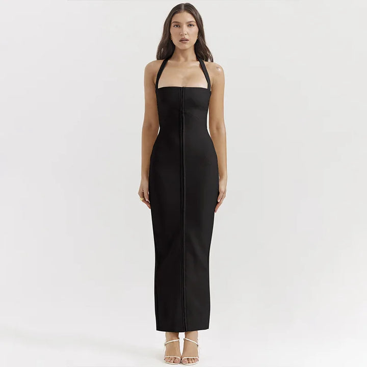 Fitted Maxi Dress with Pin Closure and Open Back - Natasha