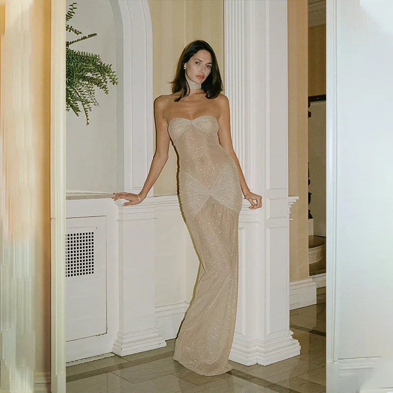 Strapless Maxi Evening Dress with Sequin Detail - Angelica