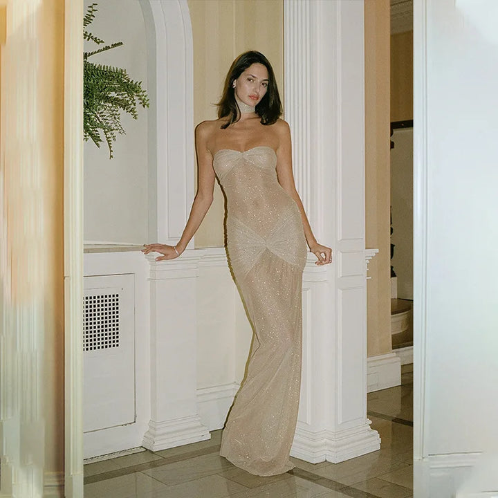 Strapless Maxi Evening Dress with Sequin Detail - Angelica