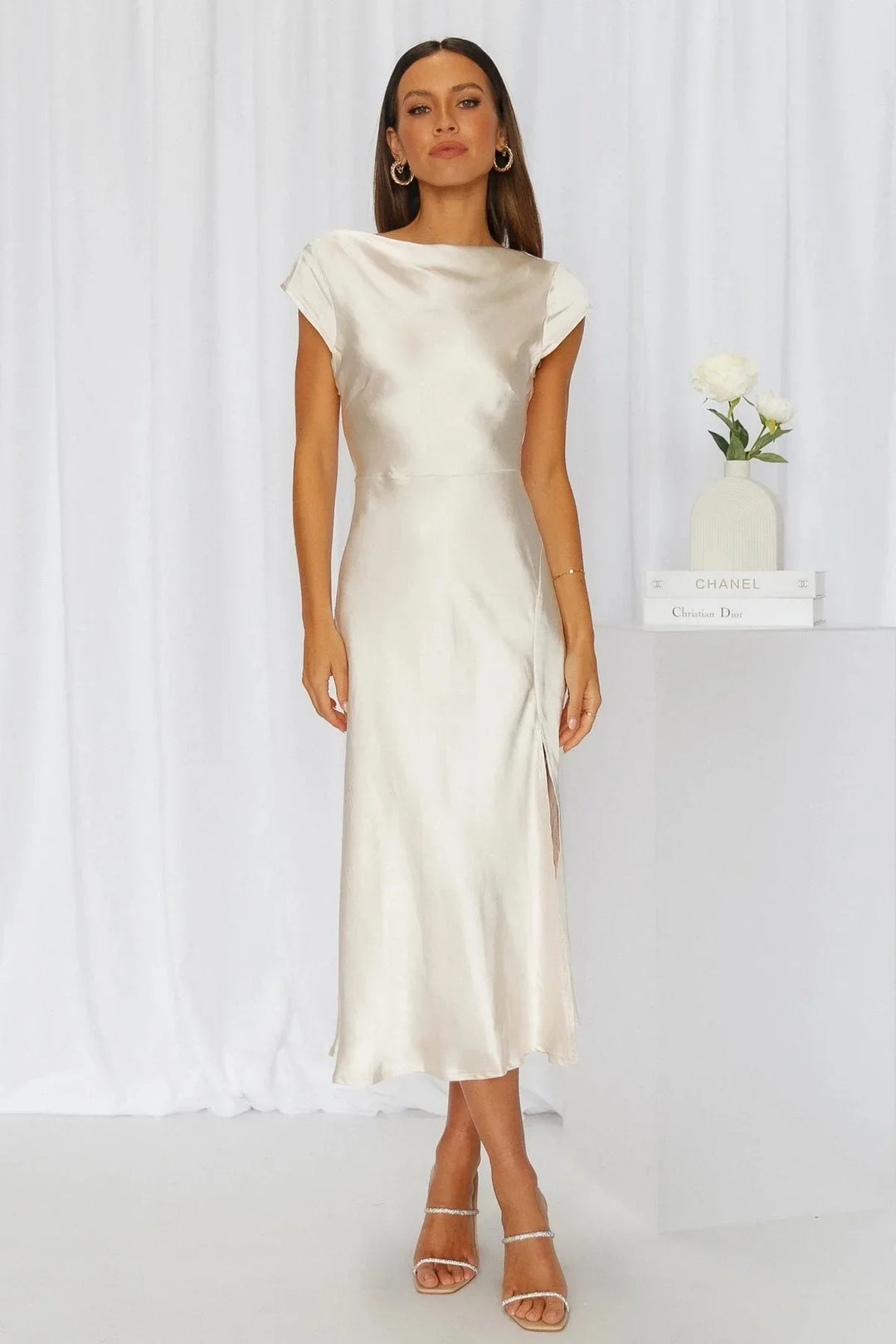 Midi satin dress with slit and open back design - Shray