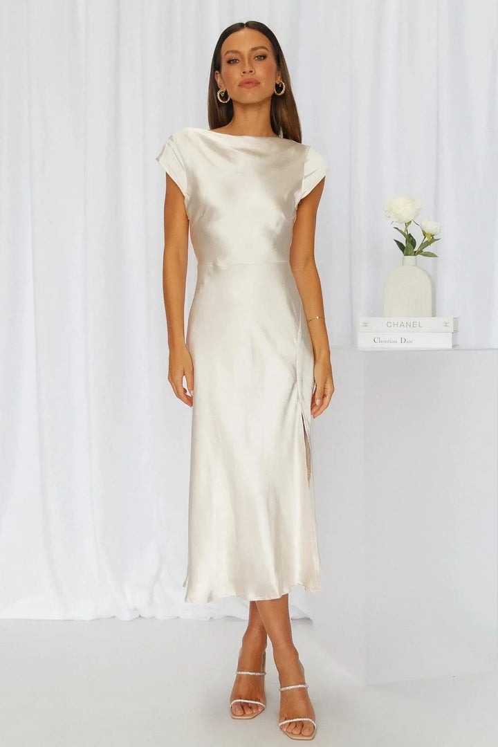 Midi satin dress with slit and open back design - Shray