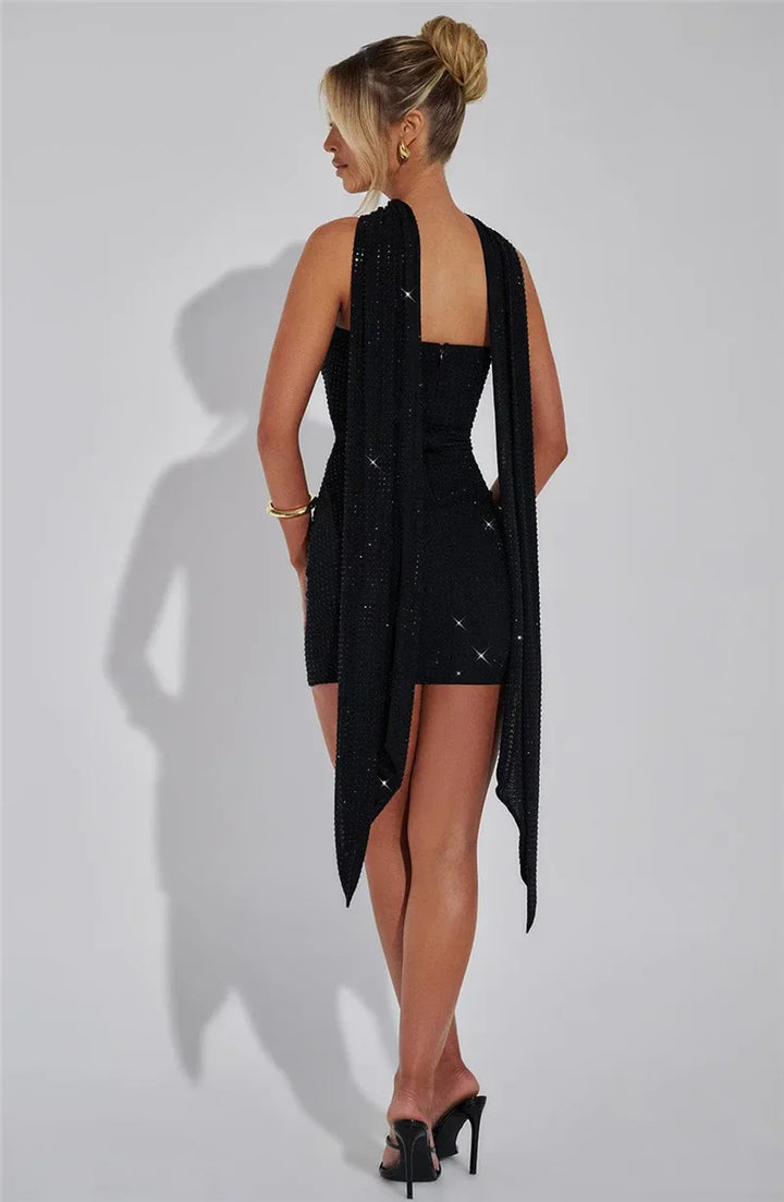 Strapless Mini Dress with Glitter Sequins and Matching Scarf Detail - Katlia