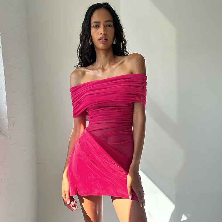 Mini dress with mesh design and off-shoulder - ALEX