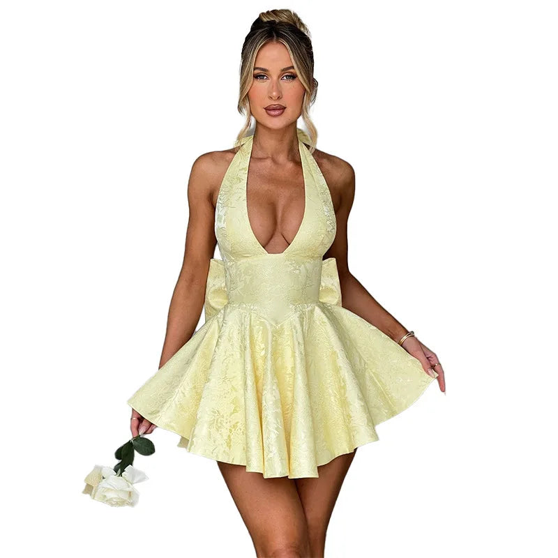 A-line mini dress with floral embroidery, bow detail on the back, tie-back design for waist fit and neck tie - Pearl