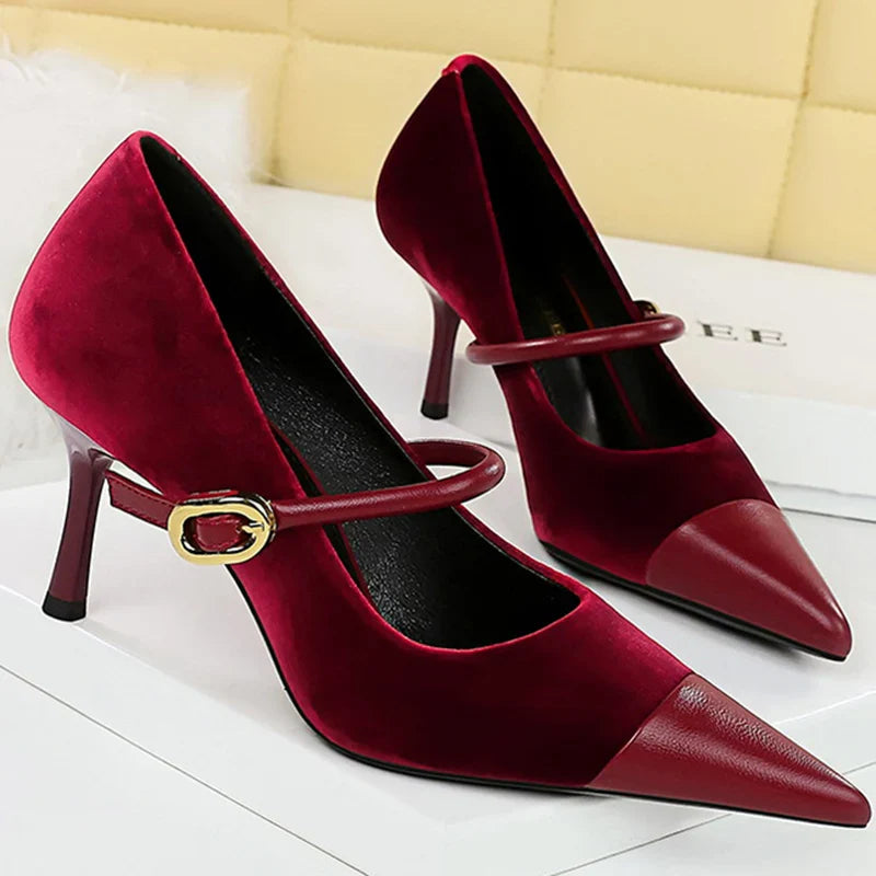 Pointed Heel Shoes with Velvet and Faux Leather Buckle Decoration - Mabel