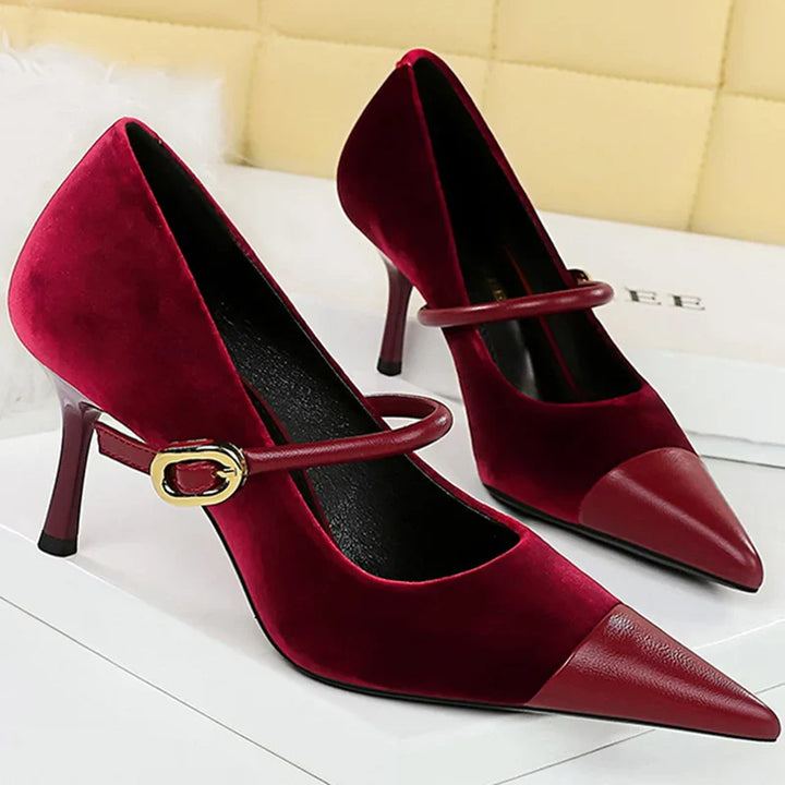 Pointed Heel Shoes with Velvet and Faux Leather Buckle Decoration - Mabel