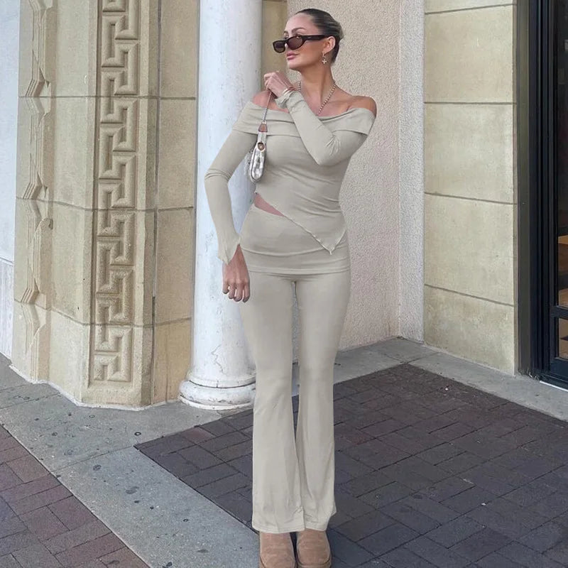 Two-piece knitted set with asymmetrical off-shoulder top and long pants - ROZIE