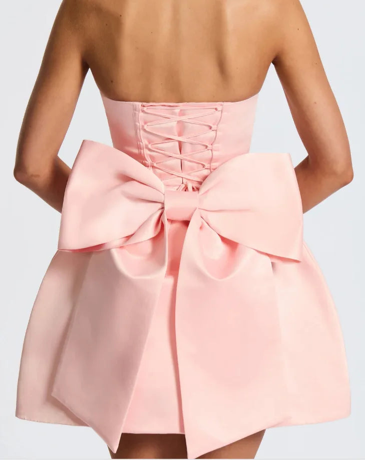 Satin mini dress in A-line cut with tie bow back detail for waist fit - Lilia
