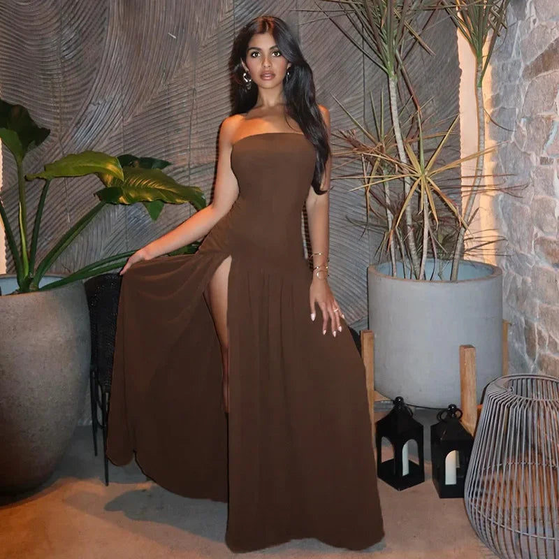 Maxi Strapless Chiffon Dress with Slit Detail - Pia