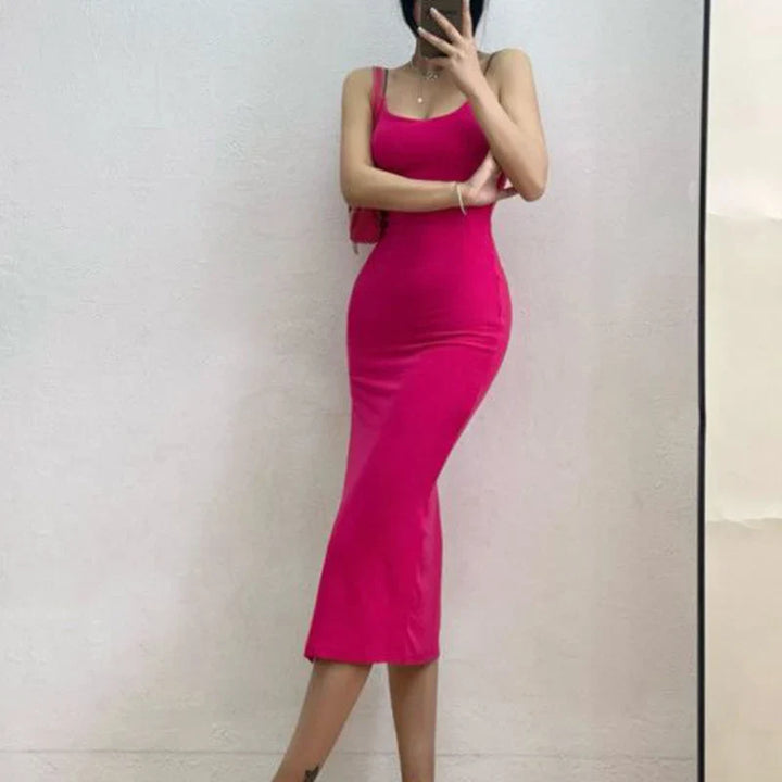 Fitted midi dress with slit and spaghetti straps - Bati