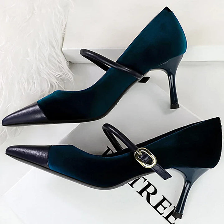 Pointed Heel Shoes with Velvet and Faux Leather Buckle Decoration - Mabel
