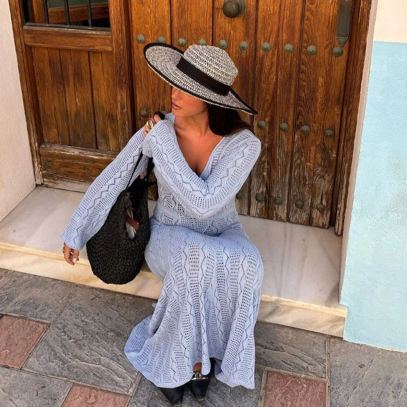 Knitted Maxi Beach Dress with Flower Decoration - Beatrice