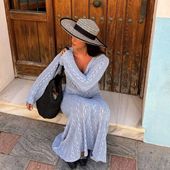 Knitted Maxi Beach Dress with Flower Decoration - Beatrice