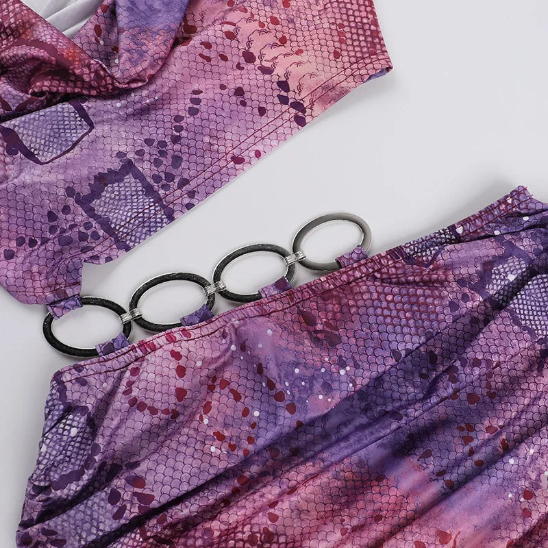 Mini dress with split design and special print with hoop buckle details - Kami
