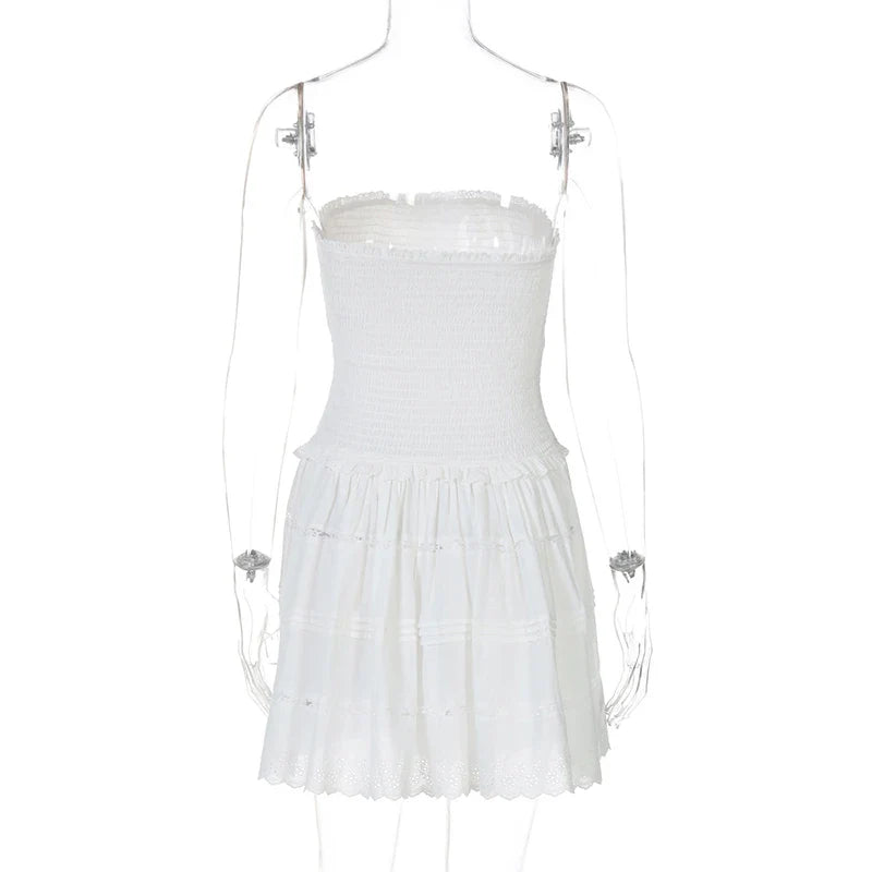 A-Line Strapless Mini Dress with Ruching and Lace Detail - Lavin