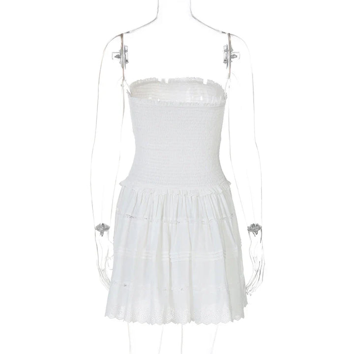 A-Line Strapless Mini Dress with Ruching and Lace Detail - Lavin
