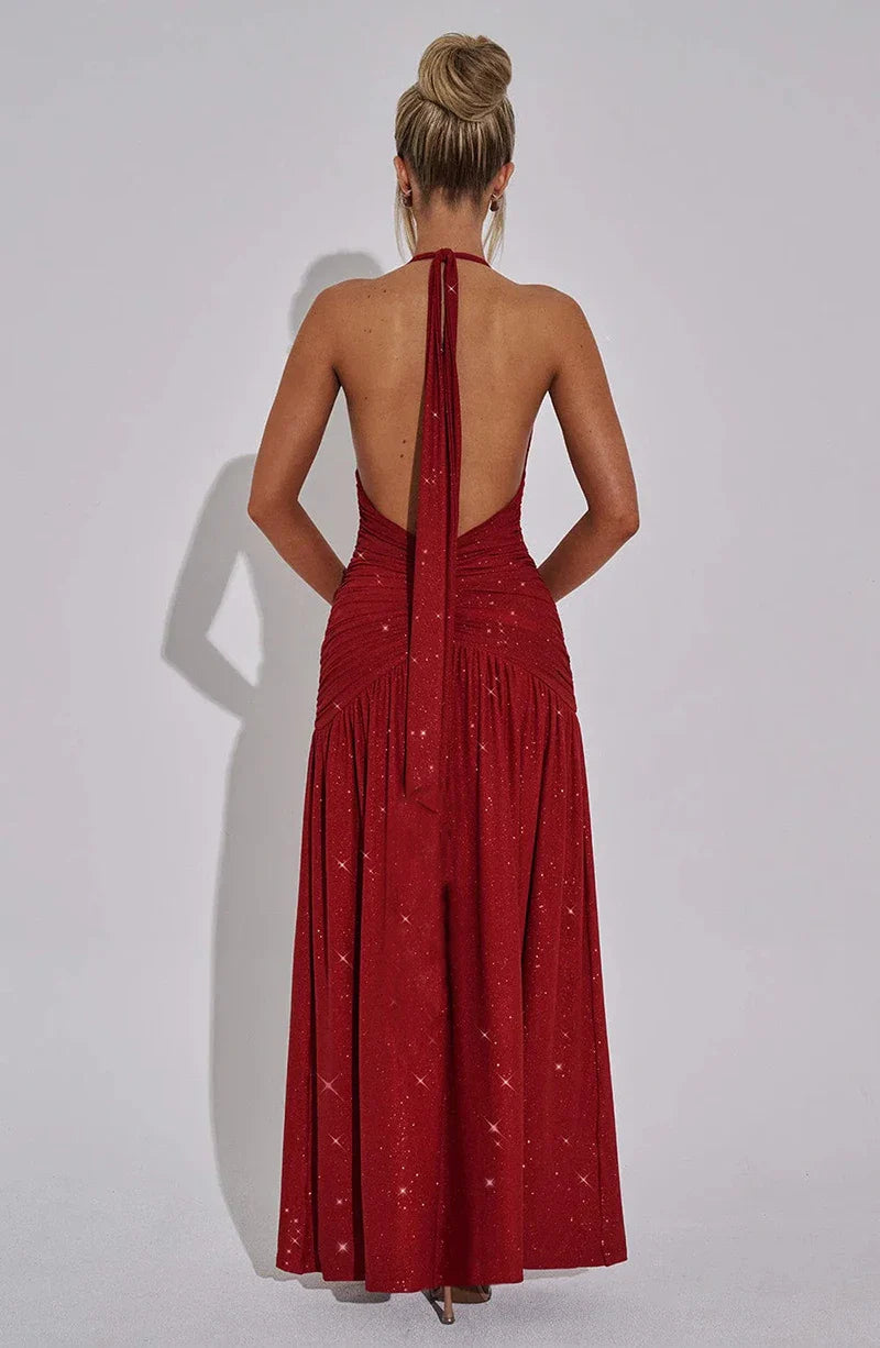 Glitter Maxi Dress with Slit, Deep V-Neck, Open Back, and Neck Tie - Emery