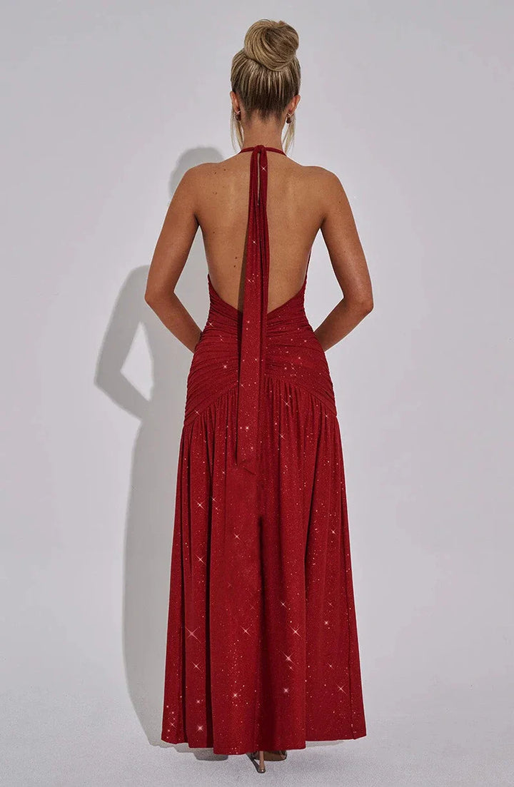 Glitter Maxi Dress with Slit, Deep V-Neck, Open Back, and Neck Tie - Emery
