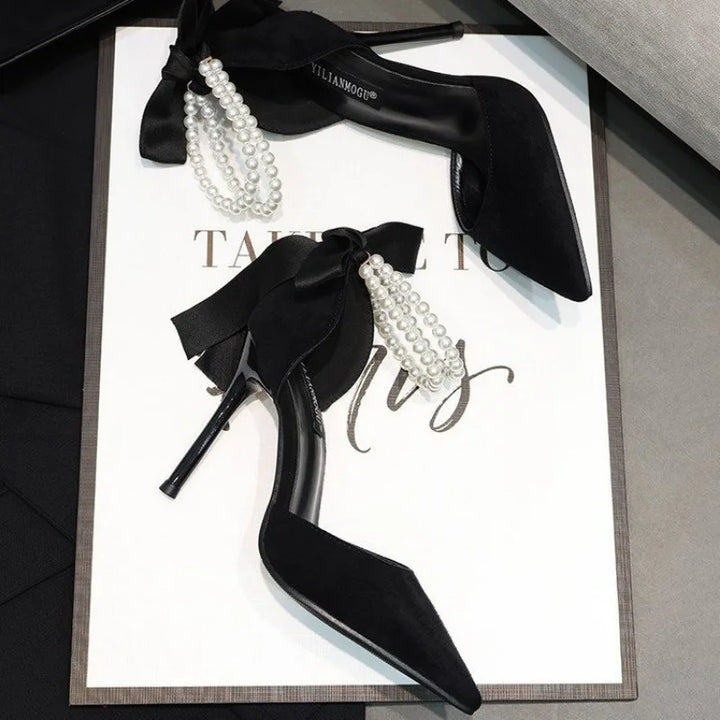 Suede Pointed Heel Shoes with Pearls and Satin Bow - Pearl