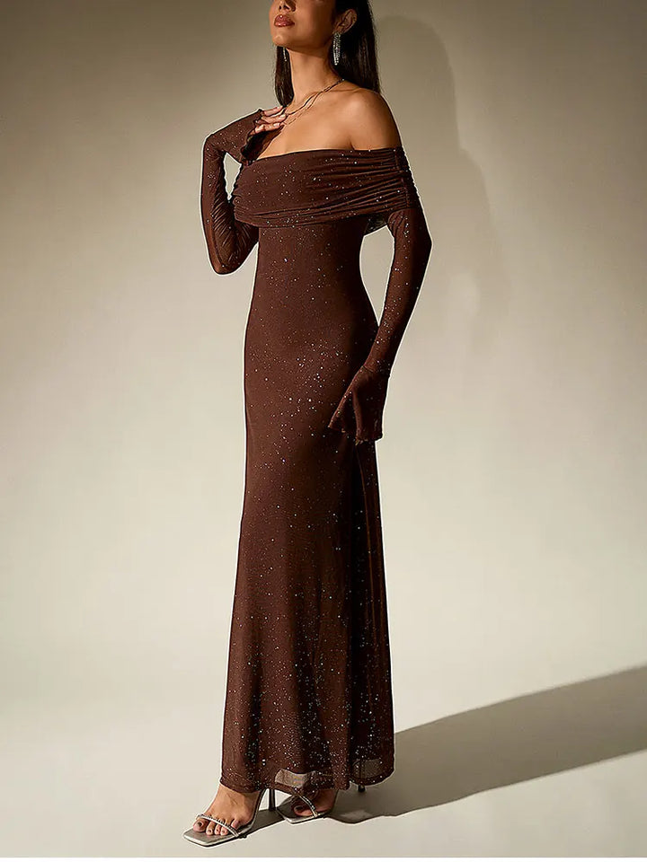 Sequin maxi dress with off-shoulder design and bell sleeves - Margarita