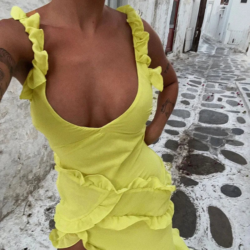 Cocktail Party Dress with Ruffle Decoration, Asymmetric Cut with Slit - Magnolia