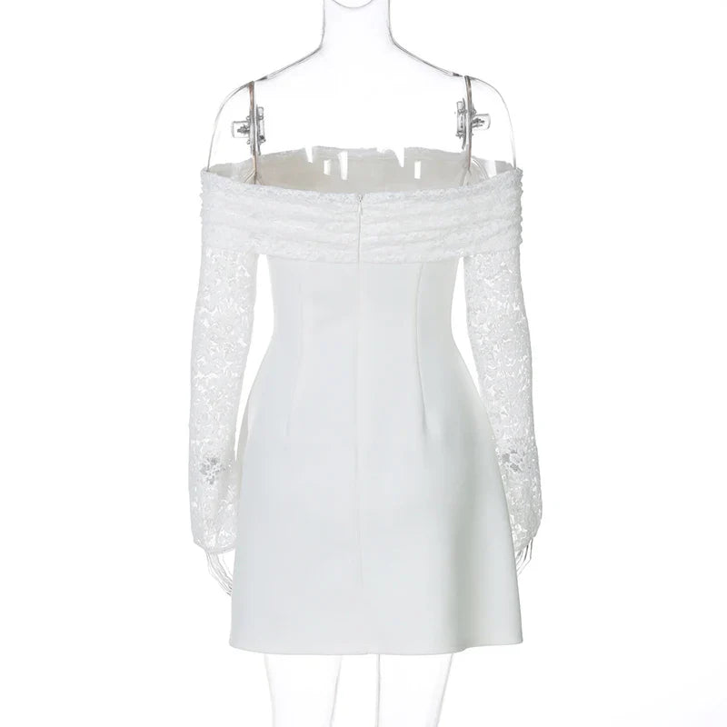 Satin mini dress with off-shoulder and lace sleeves - AMALIA